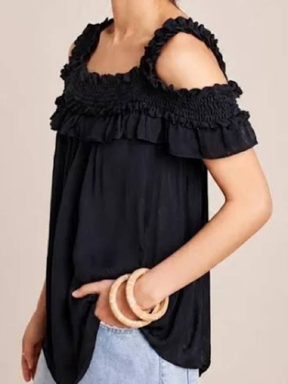 Anthropologie Black Cold-Shoulder Ruffle Top